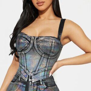 Iridescent Metallic Foil Silver Corset Denim Top